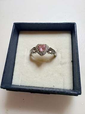 Silver Tone Pink Heart Cubic Zirconia Halo Ring with Filigree Band